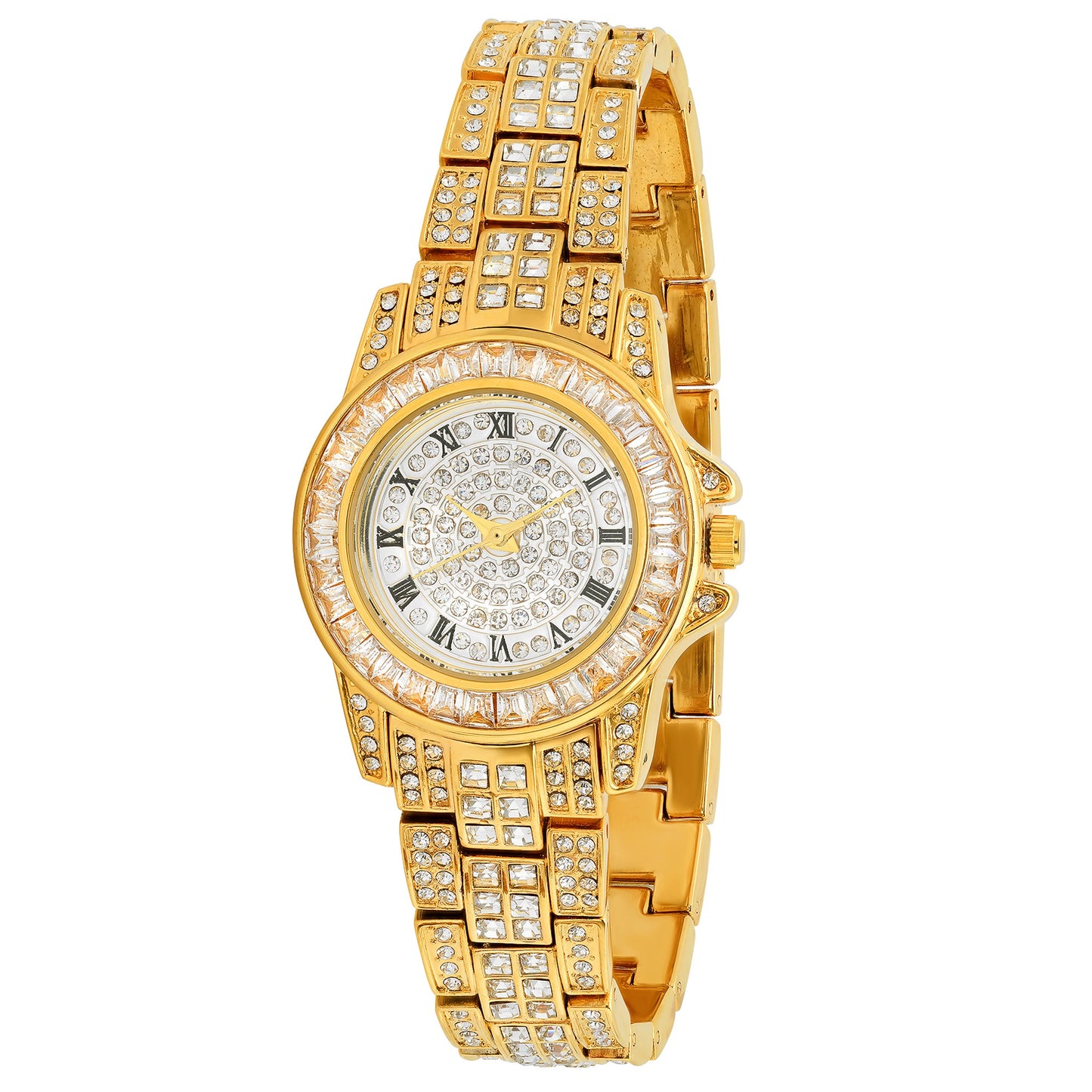Women's Polished Gold Stainless Steel Cubic Zirconia Iced Out Watch + Jewelry Cloth & Pouch (SKU: WTC177)