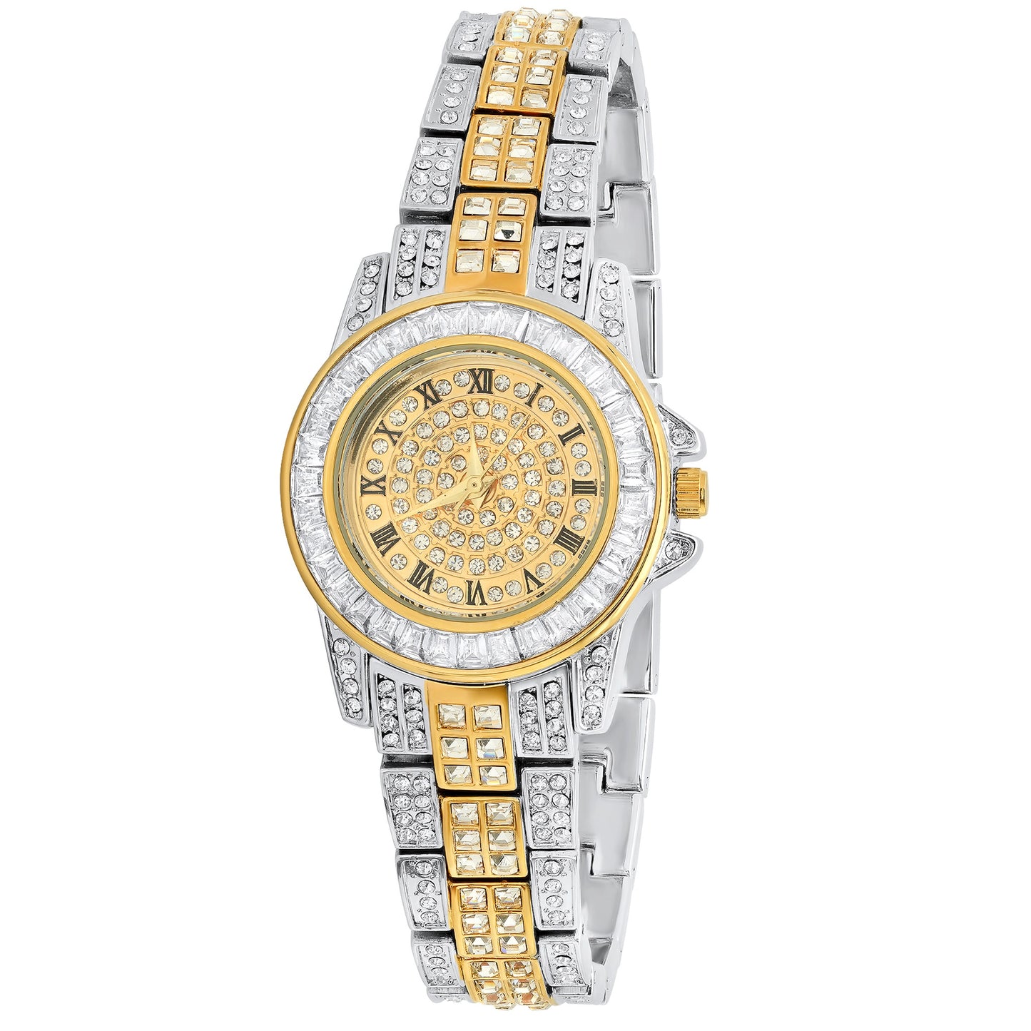 Women's Gold Stainless Steel Cubic Zirconia Iced Out Watch + Jewelry Cloth & Pouch