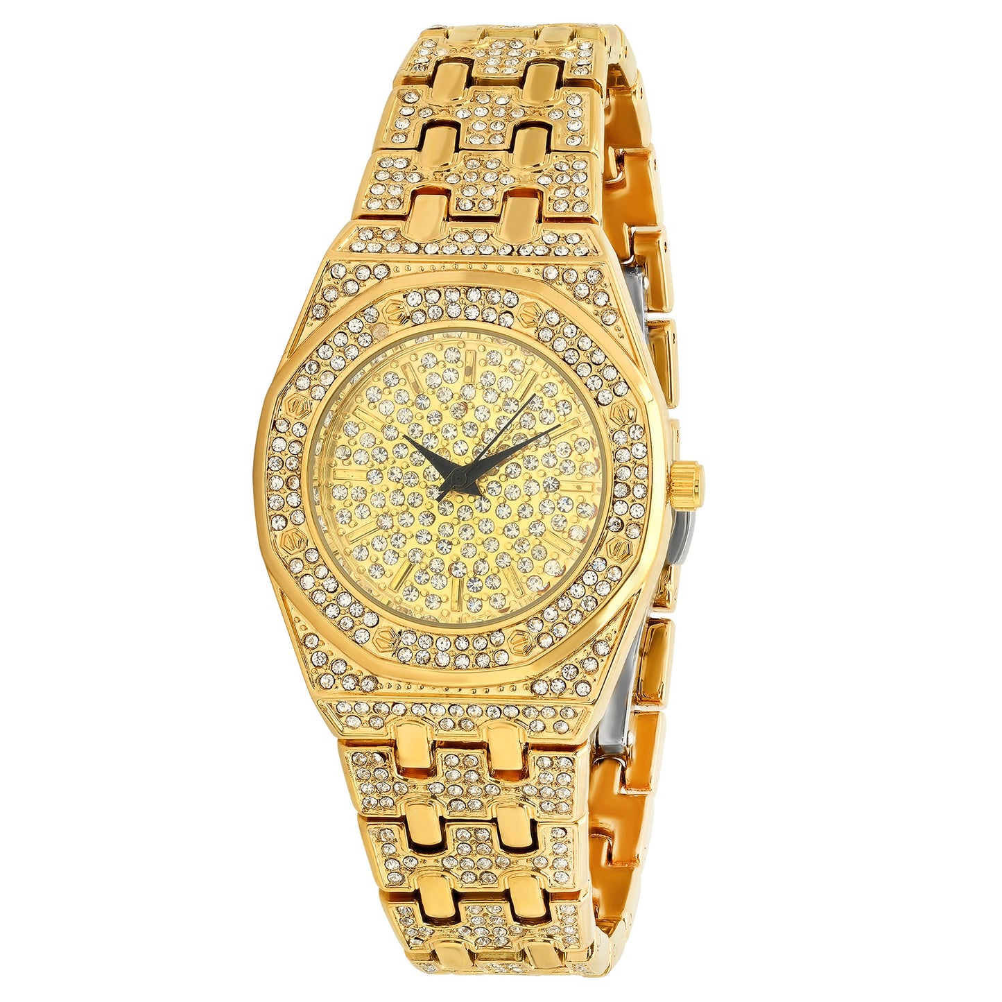 Men's Polished 14k Gold Plated Stainless Steel Cubic Zirconia Iced Out Watch + Jewelry Cloth & Pouch