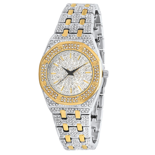 Men's Gold Stainless Steel Cubic Zirconia Iced Out Watch + Jewelry Cloth & Pouch