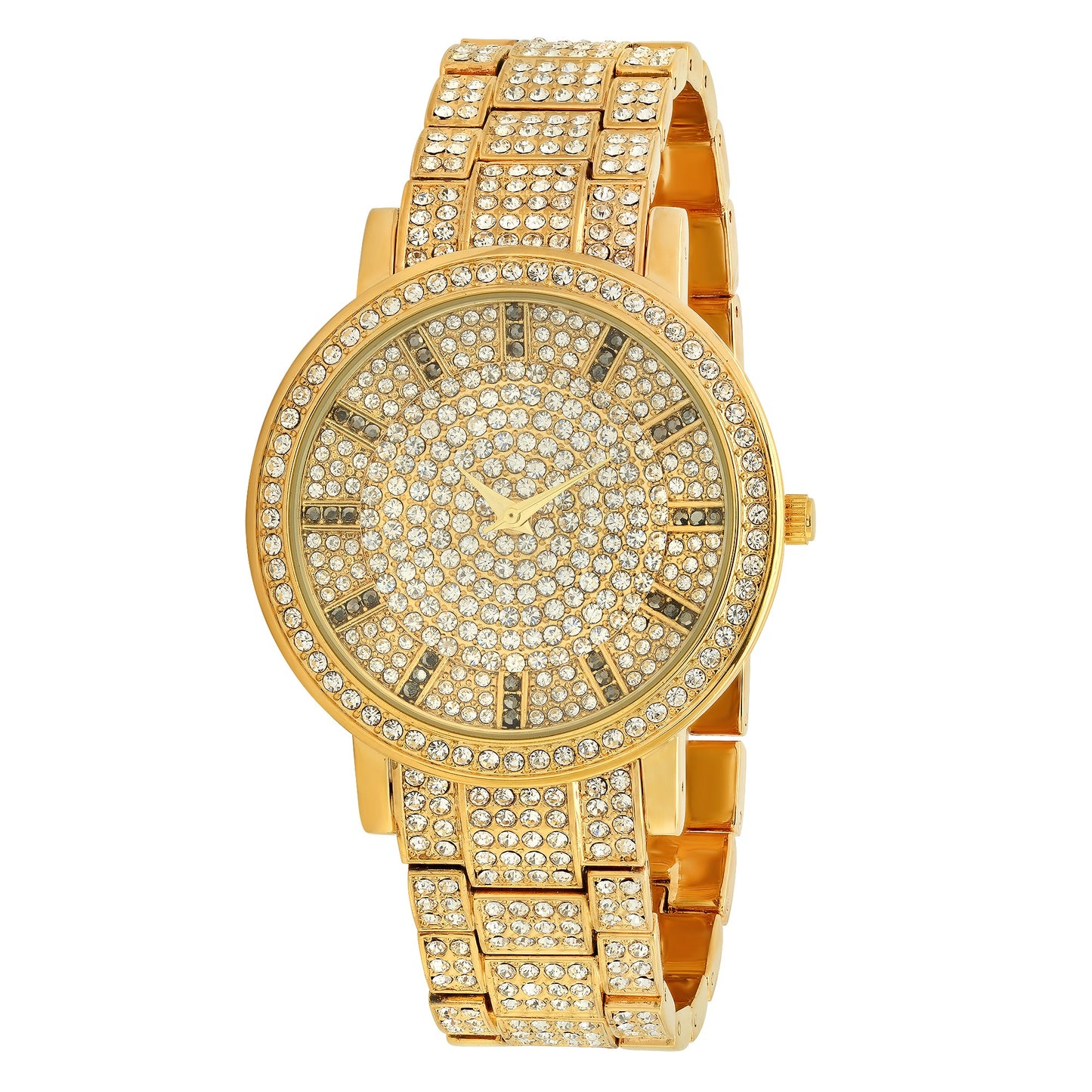 Men's Polished 14k Gold Plated Stainless Steel Cubic Zirconia Iced Out Watch + Jewelry Cloth & Pouch